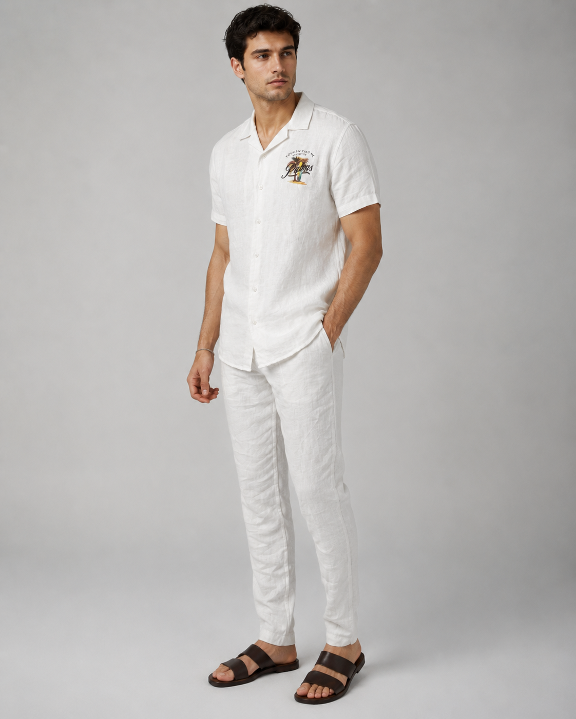 Men’s White Pure Linen PJ Cord Set | 60 Lea Premium Linen Shirt & Pyjama Co-ord | Luxury Loungewear & Resort Set