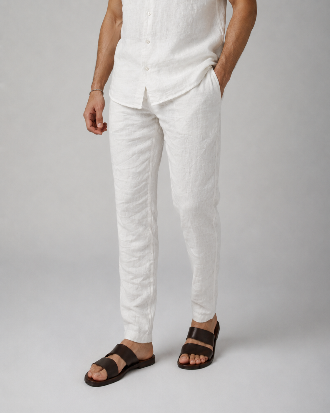 Men’s White Pure Linen PJ Cord Set | 60 Lea Premium Linen Shirt & Pyjama Co-ord | Luxury Loungewear & Resort Set
