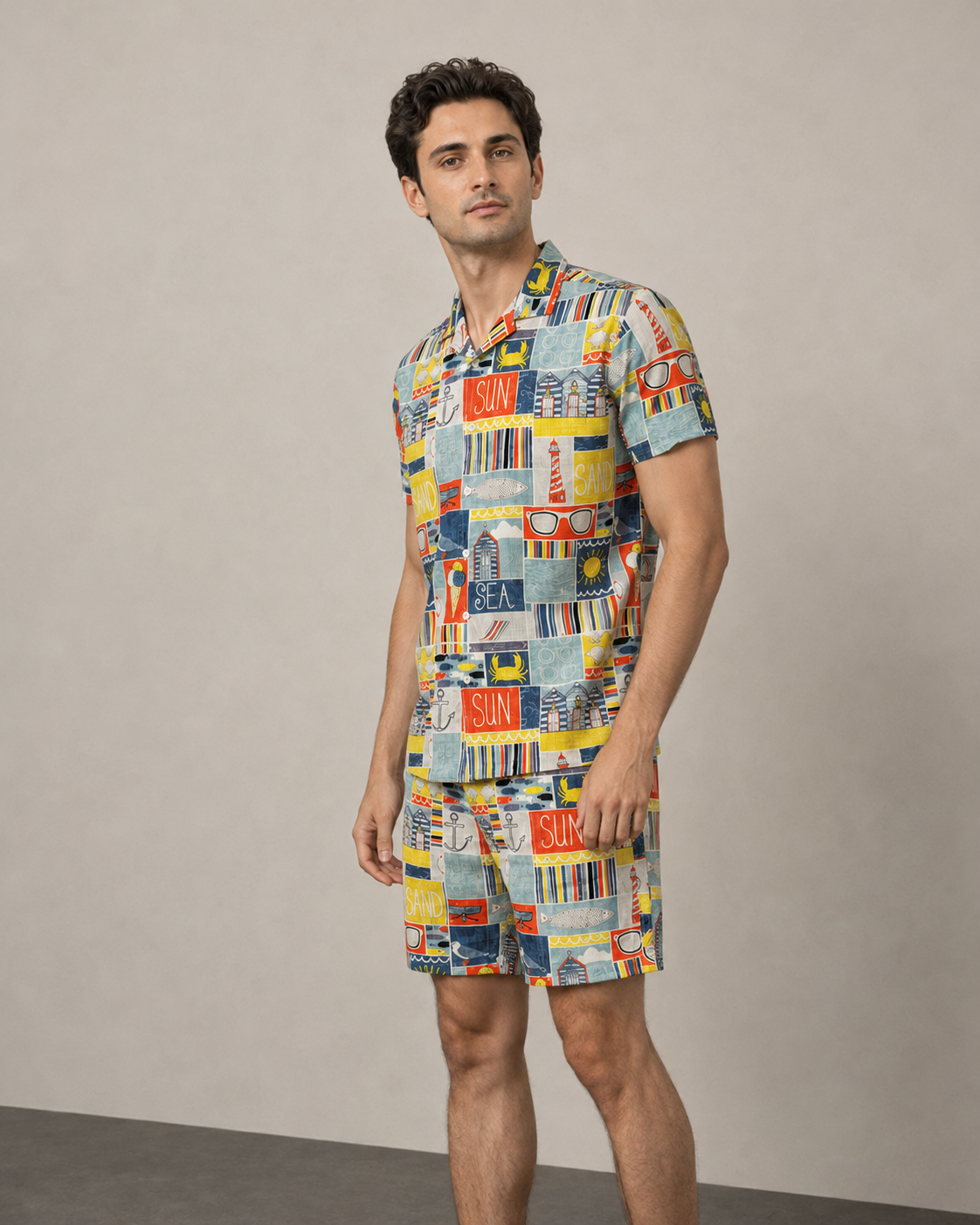 Men’s yellow Beach Postcard Printed Cord Set | Shirt & Shorts Co-ord