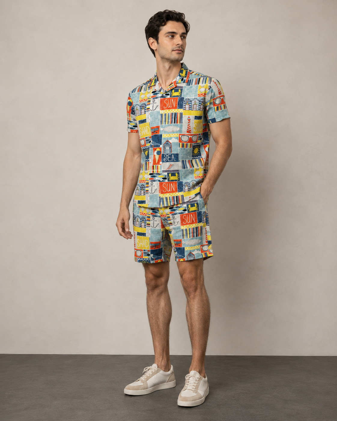 Men’s yellow Beach Postcard Printed Cord Set | Shirt & Shorts Co-ord