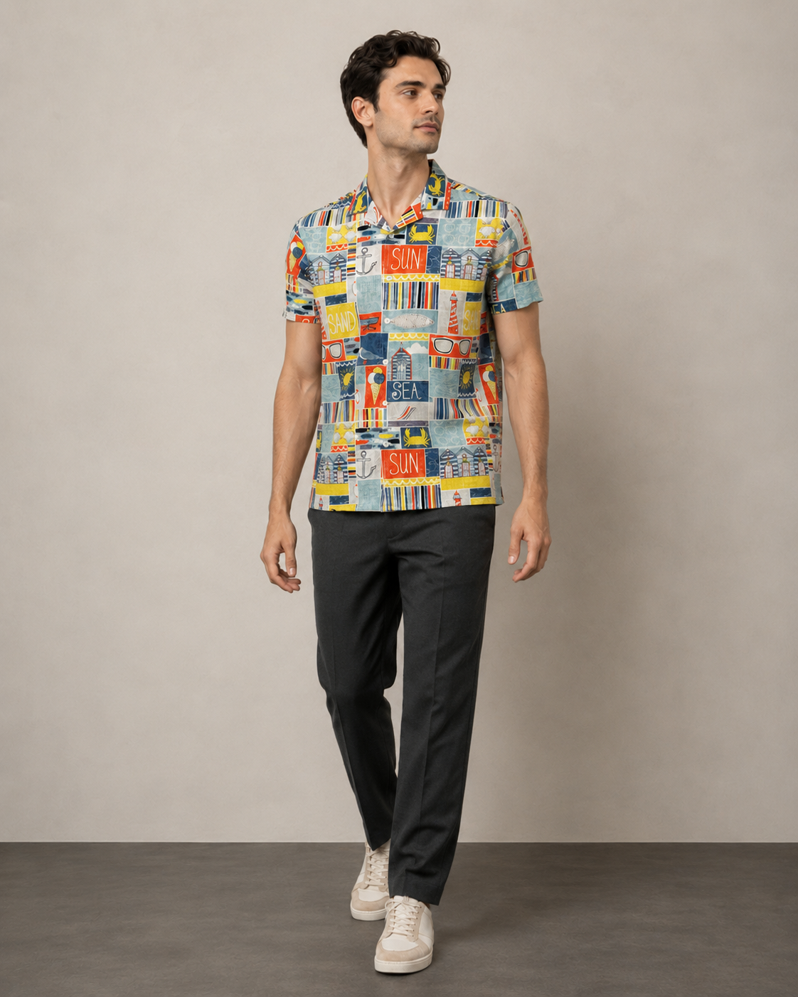 Men’s yellow Beach Postcard Printed Cord Set | Shirt & Shorts Co-ord