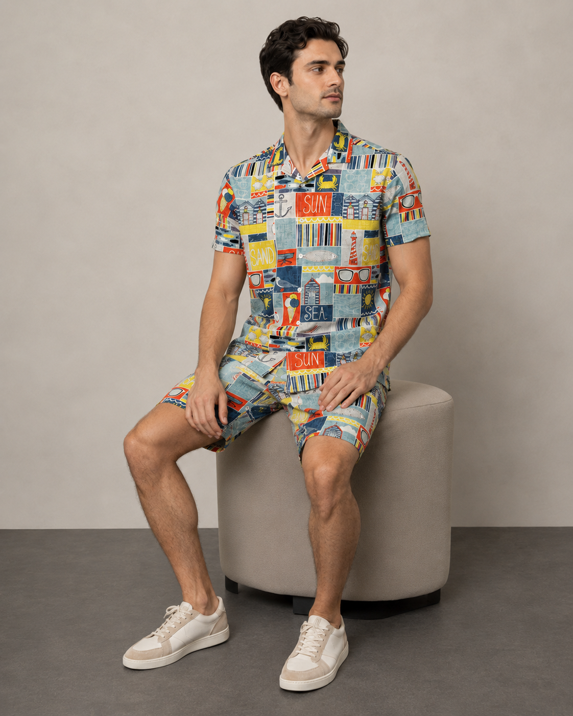 Men’s yellow Beach Postcard Printed Cord Set | Shirt & Shorts Co-ord