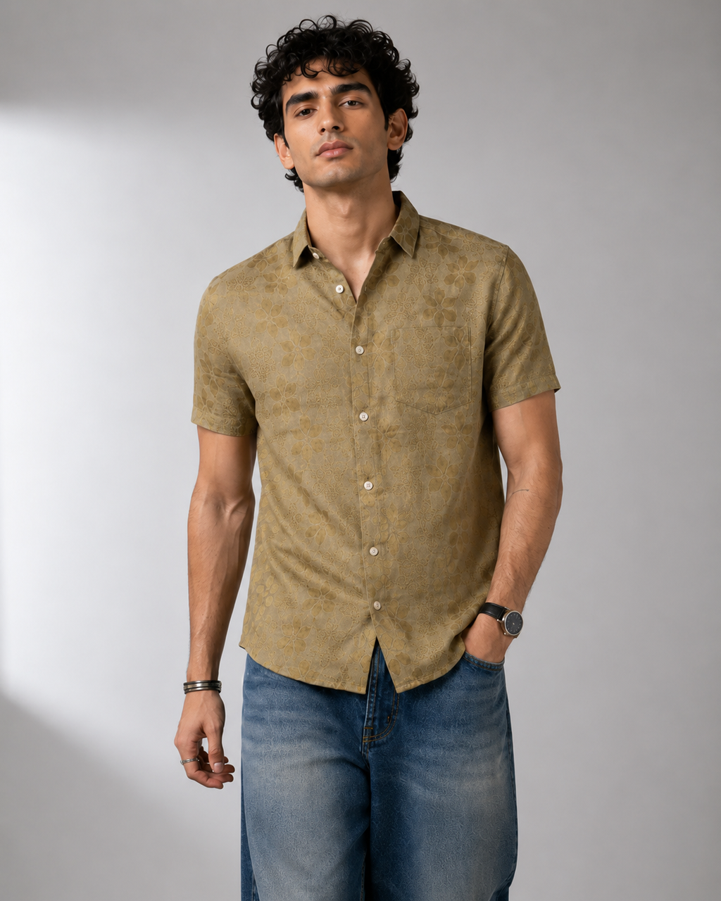 Muted Gold Jacquard Linen Shirt