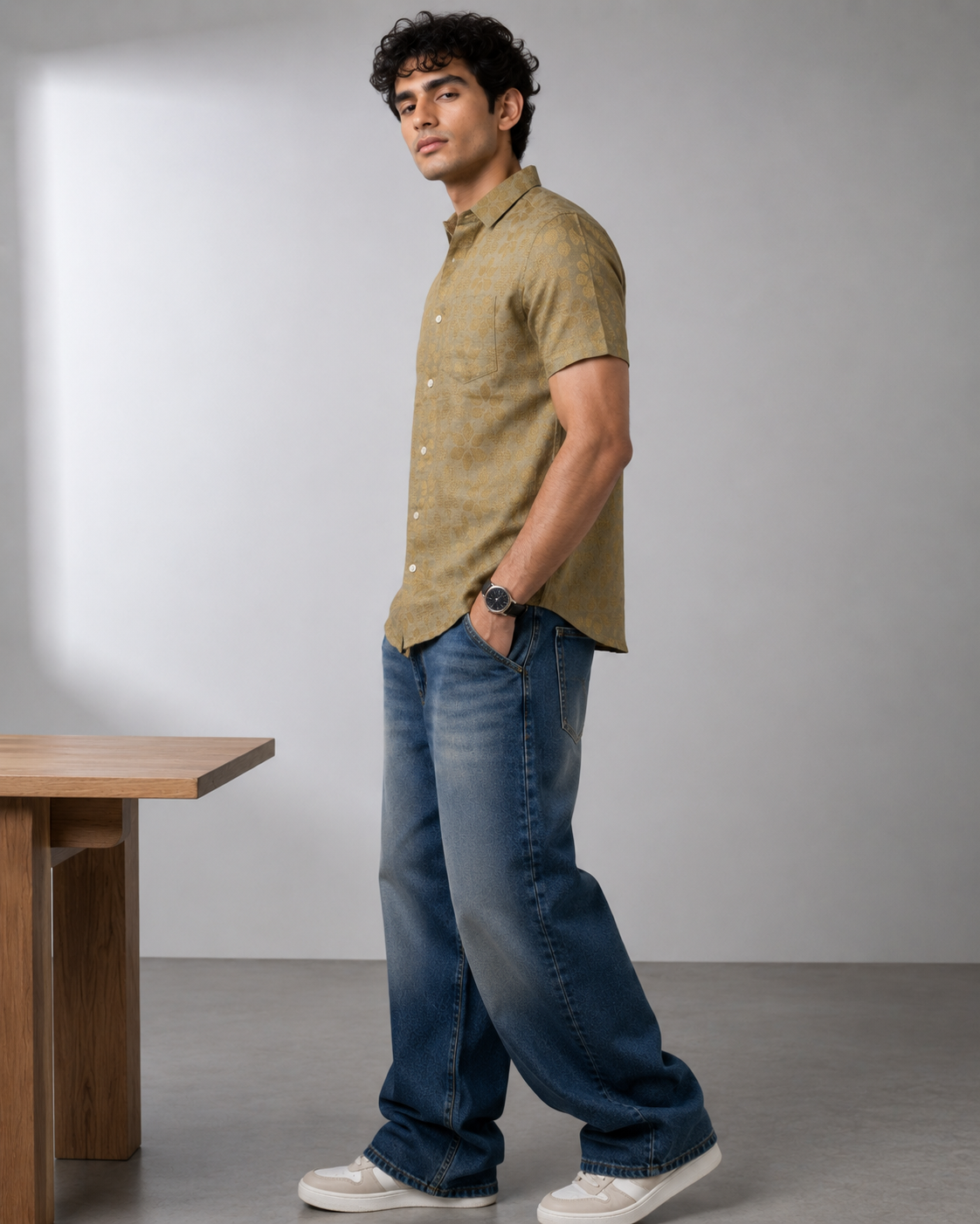 Muted Gold Jacquard Linen Shirt