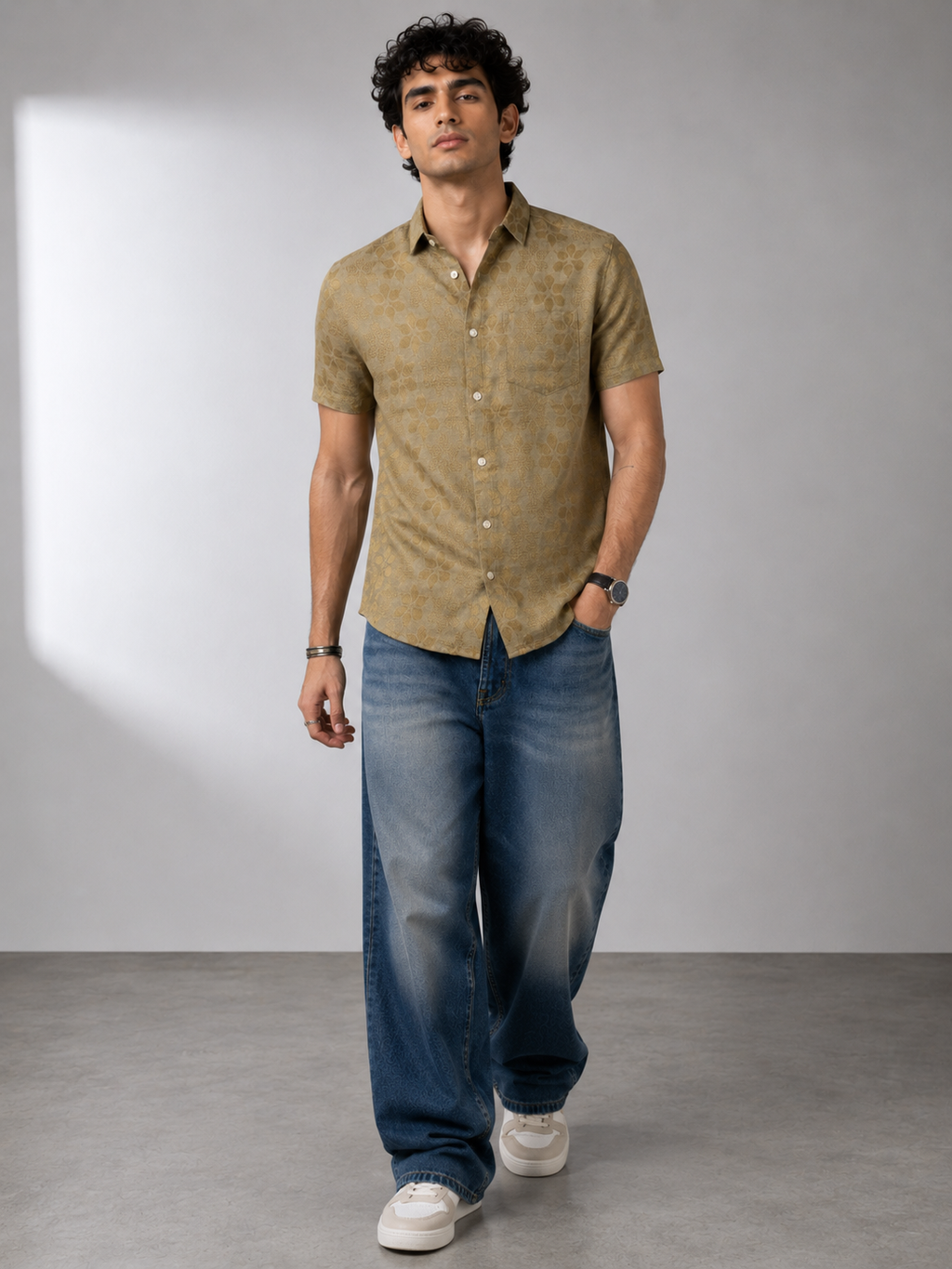 Muted Gold Jacquard Linen Shirt