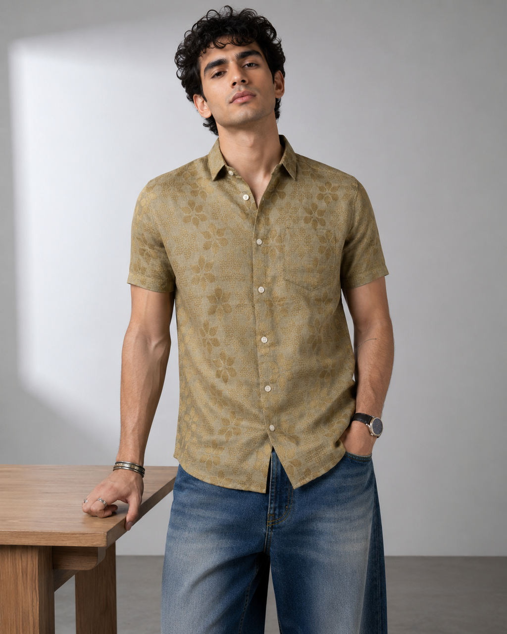 Muted Gold Jacquard Linen Shirt