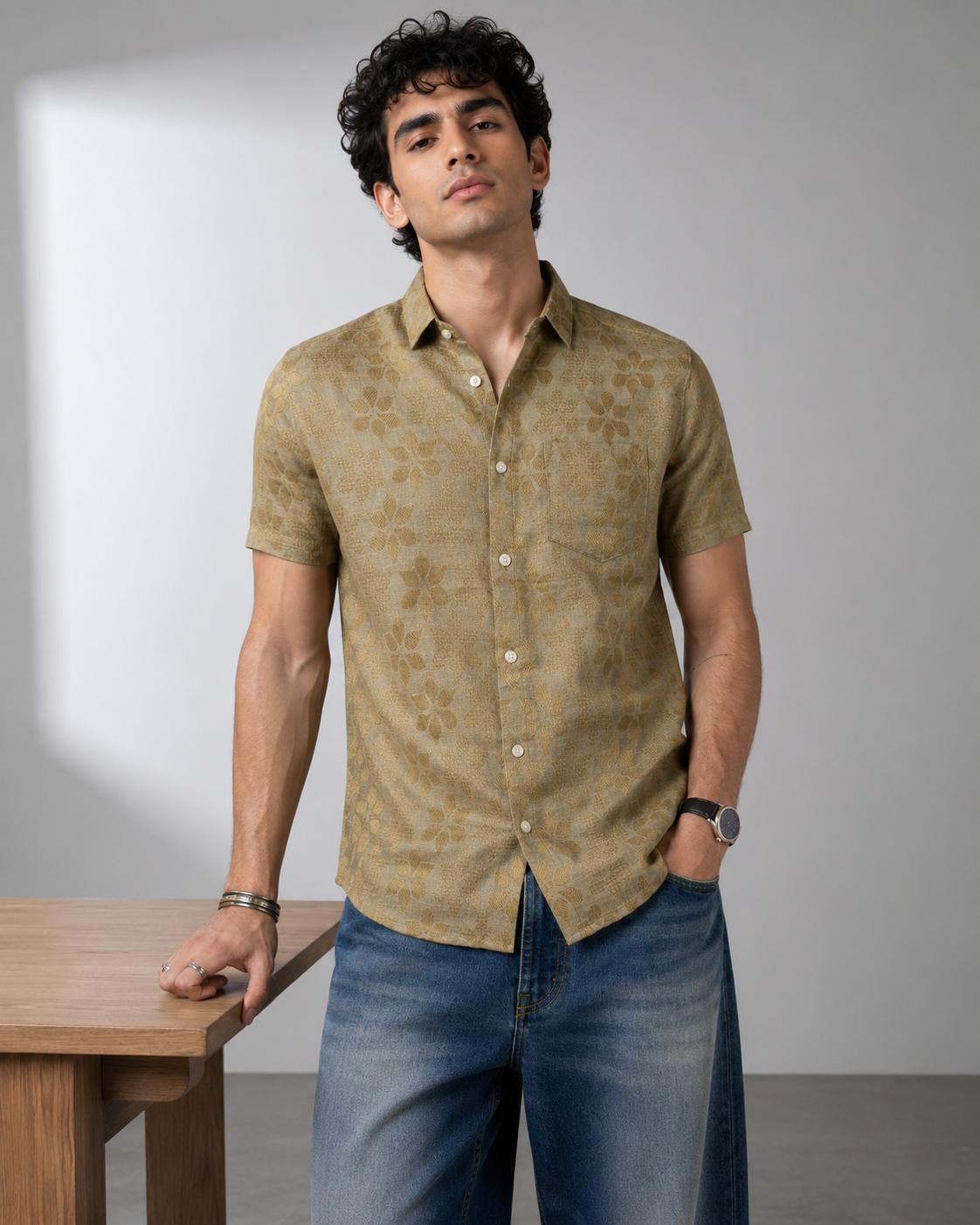 Muted Gold Jacquard Linen Shirt