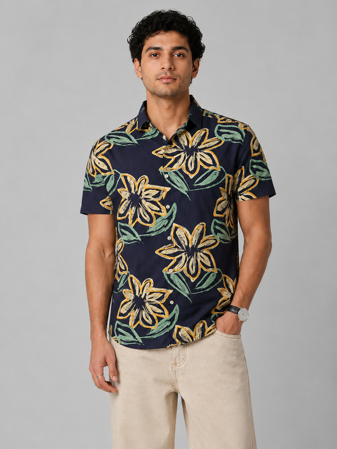 Navy Floral Cotton Shirt