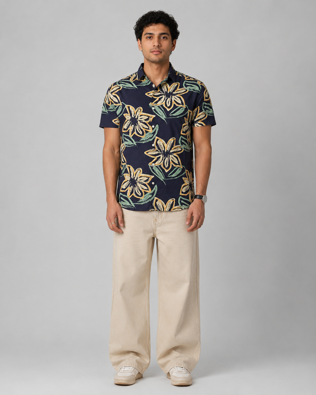 Navy Floral Cotton Shirt