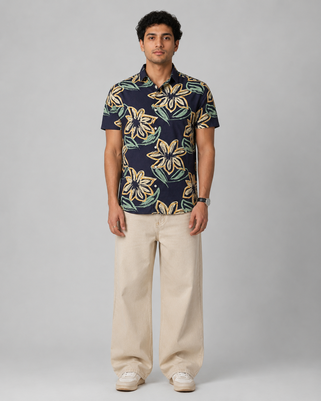 Navy Floral Cotton Shirt