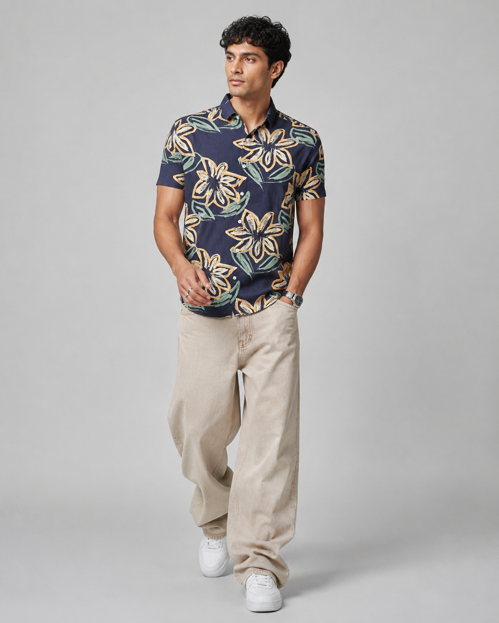 Navy Floral Cotton Shirt