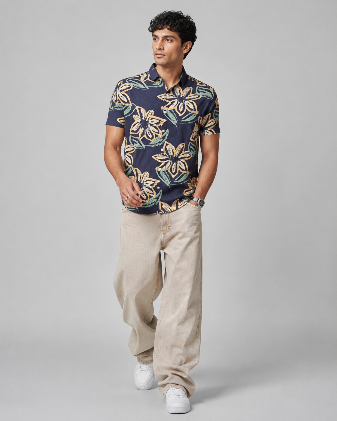 Navy Floral Cotton Shirt