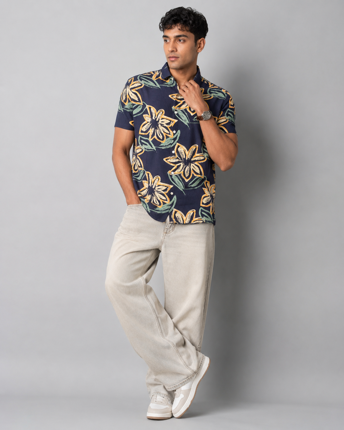 Navy Floral Cotton Shirt