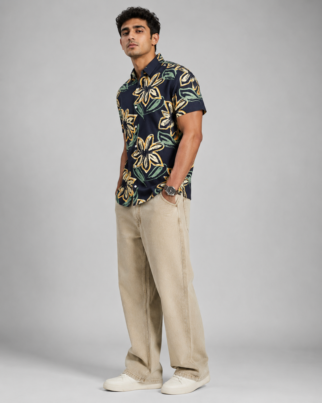 Navy Floral Cotton Shirt