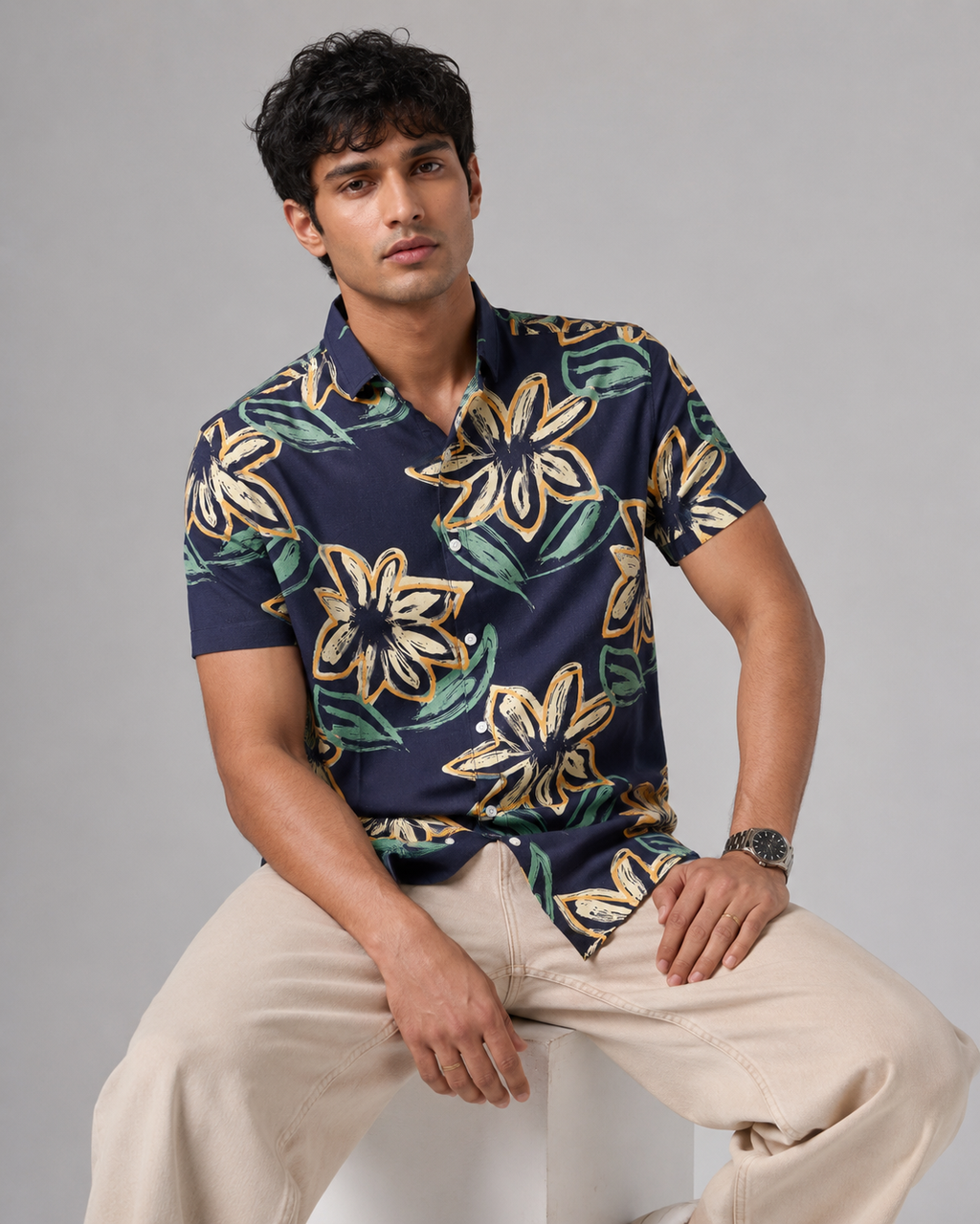 Navy Floral Cotton Shirt