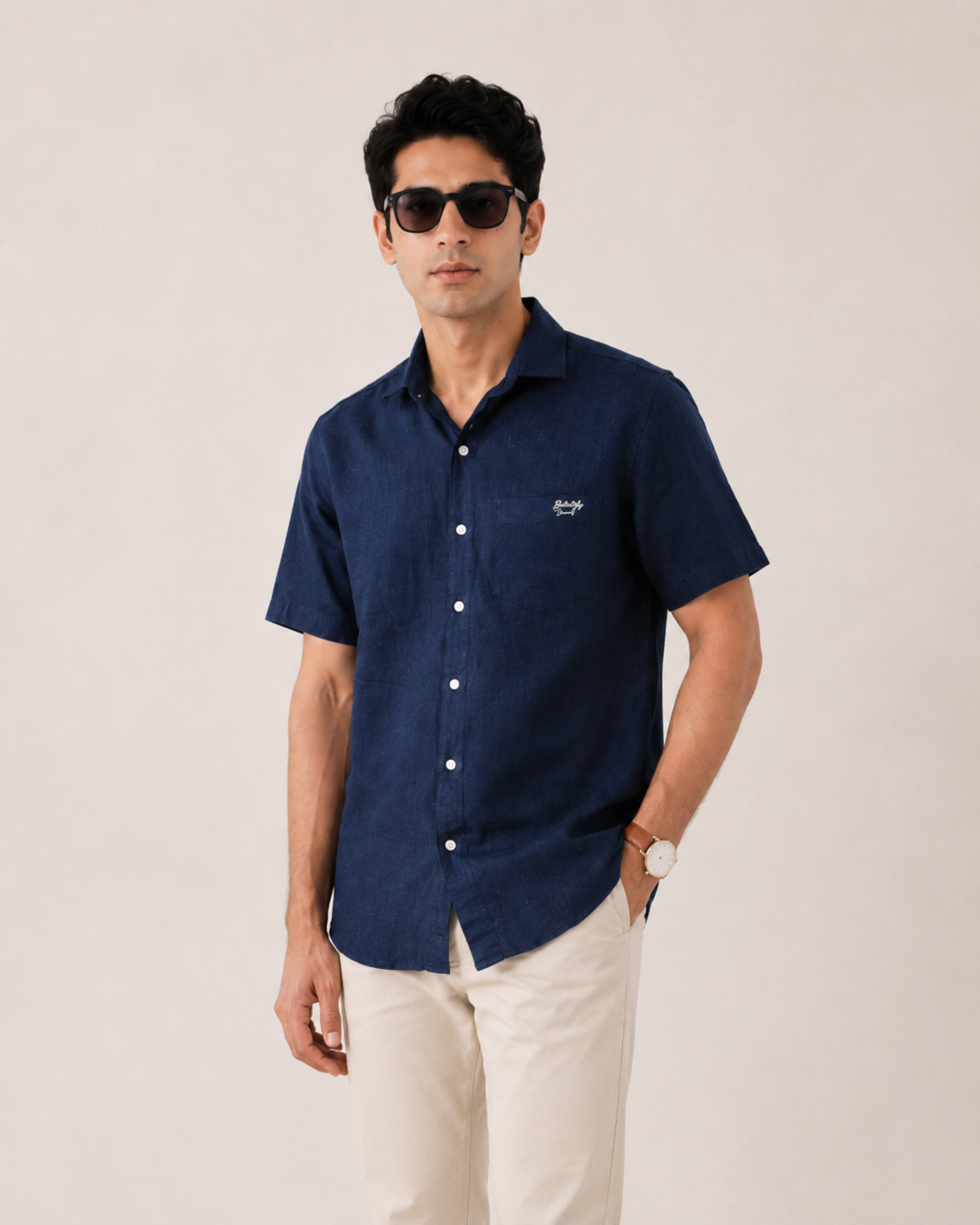 Navy Textured Cotton Shirt