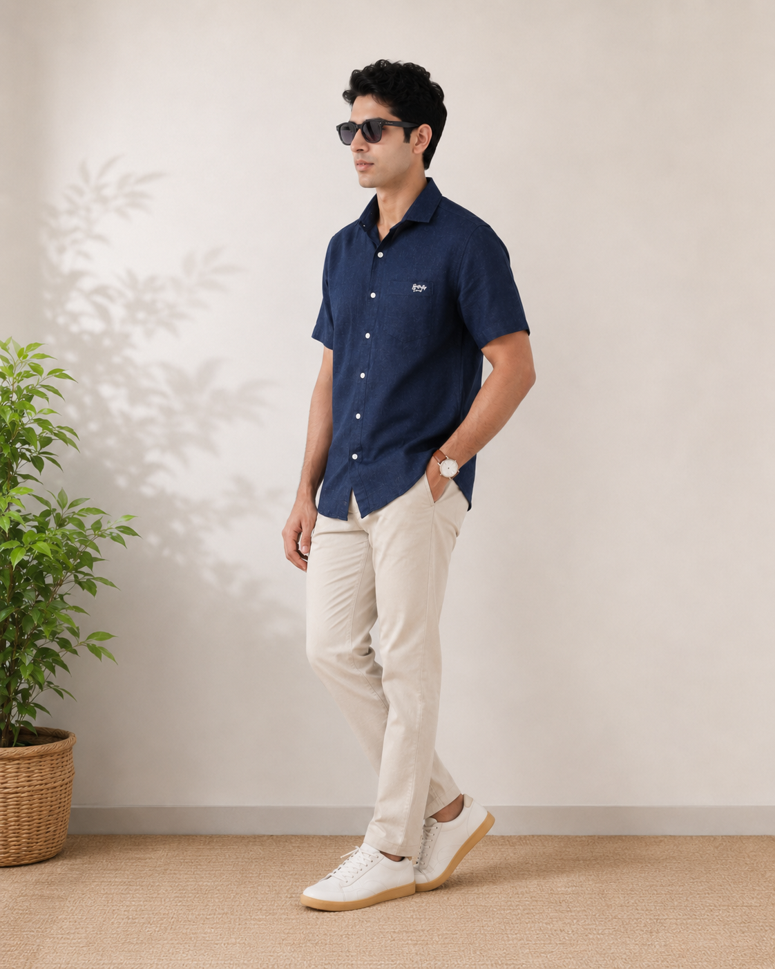 Navy Textured Cotton Shirt