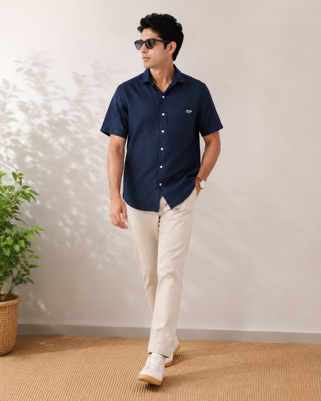 Navy Textured Cotton Shirt