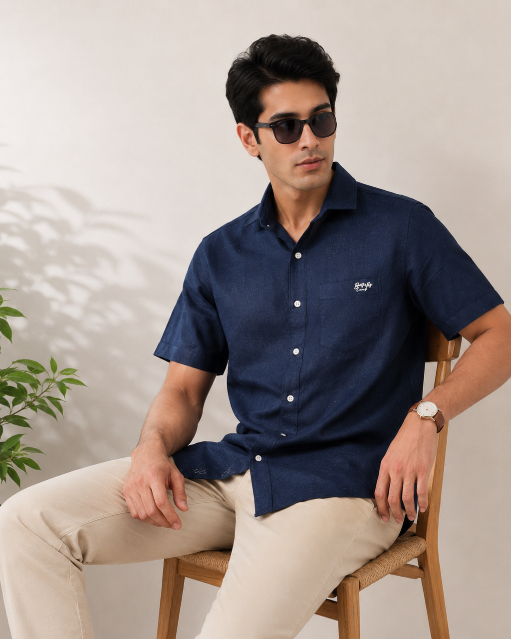 Navy Textured Cotton Shirt
