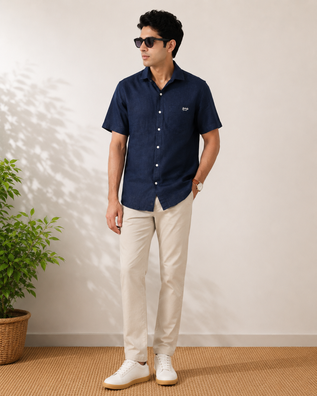 Navy Textured Cotton Shirt