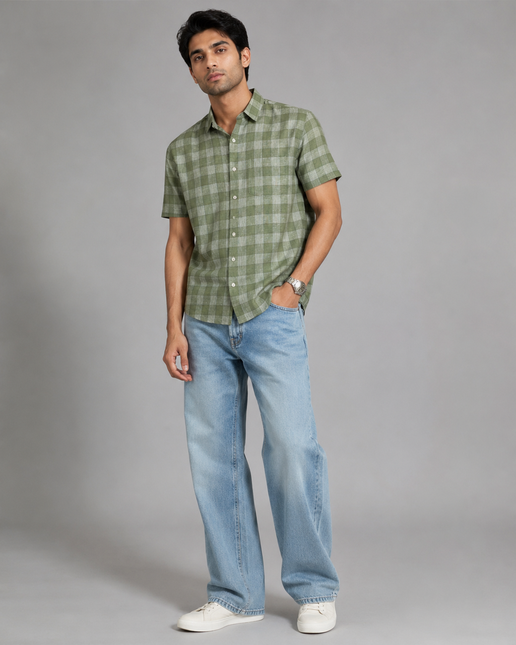 Olive Check Pure Linen Shirt