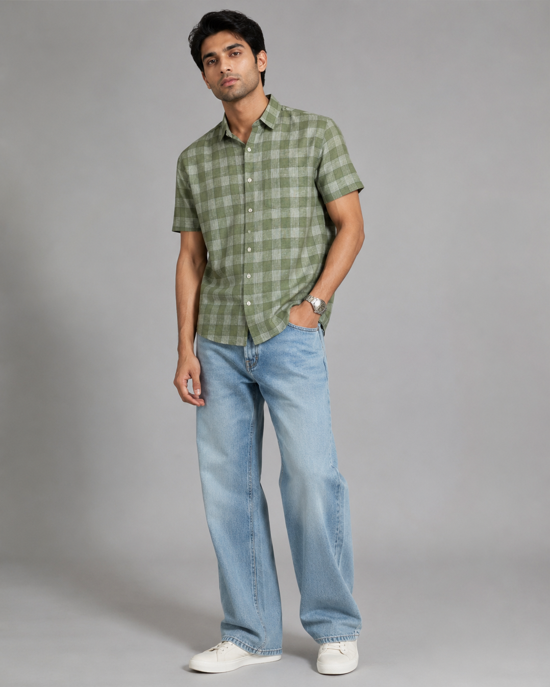 Olive Check Pure Linen Shirt