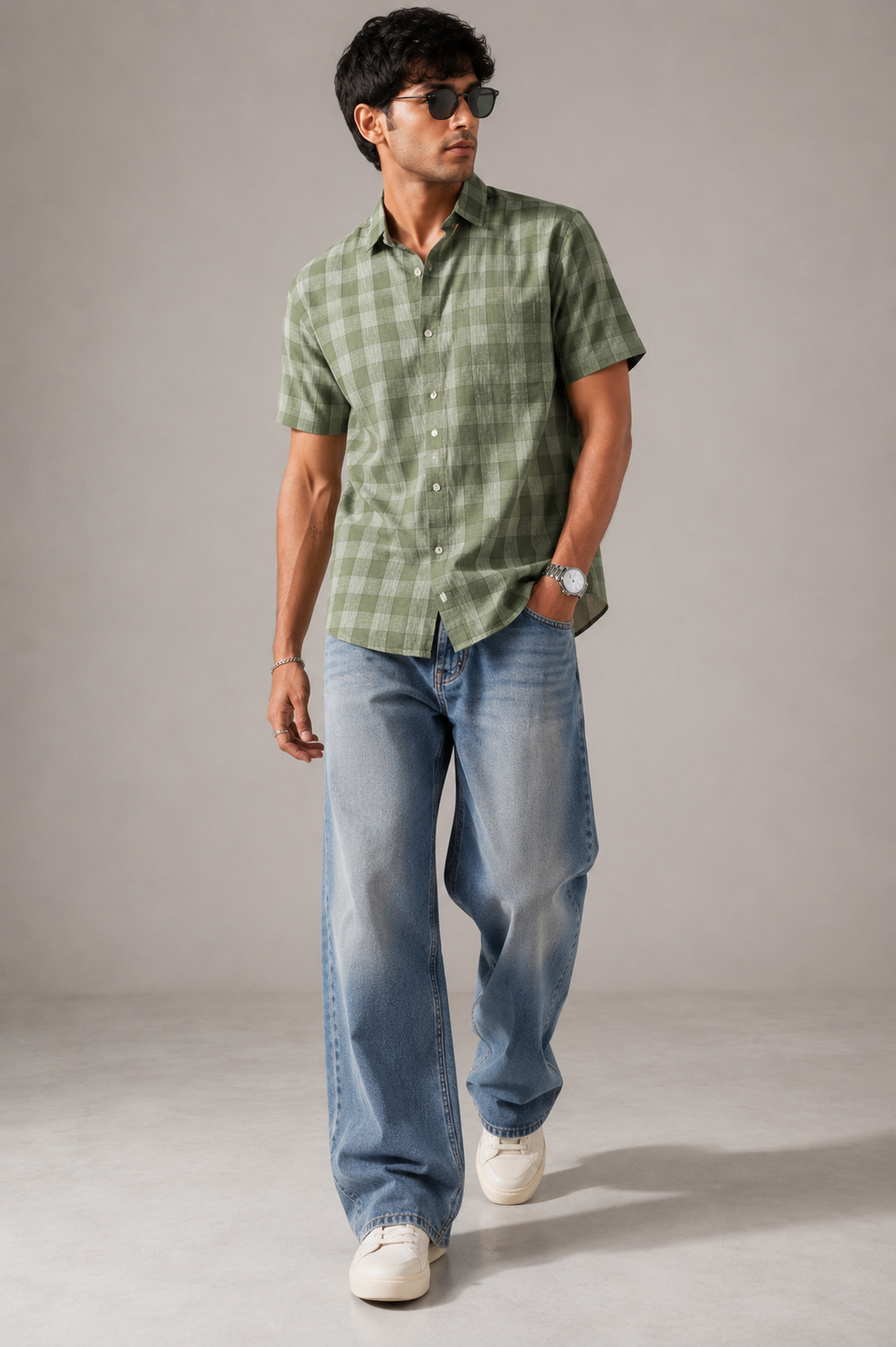 Olive Check Pure Linen Shirt