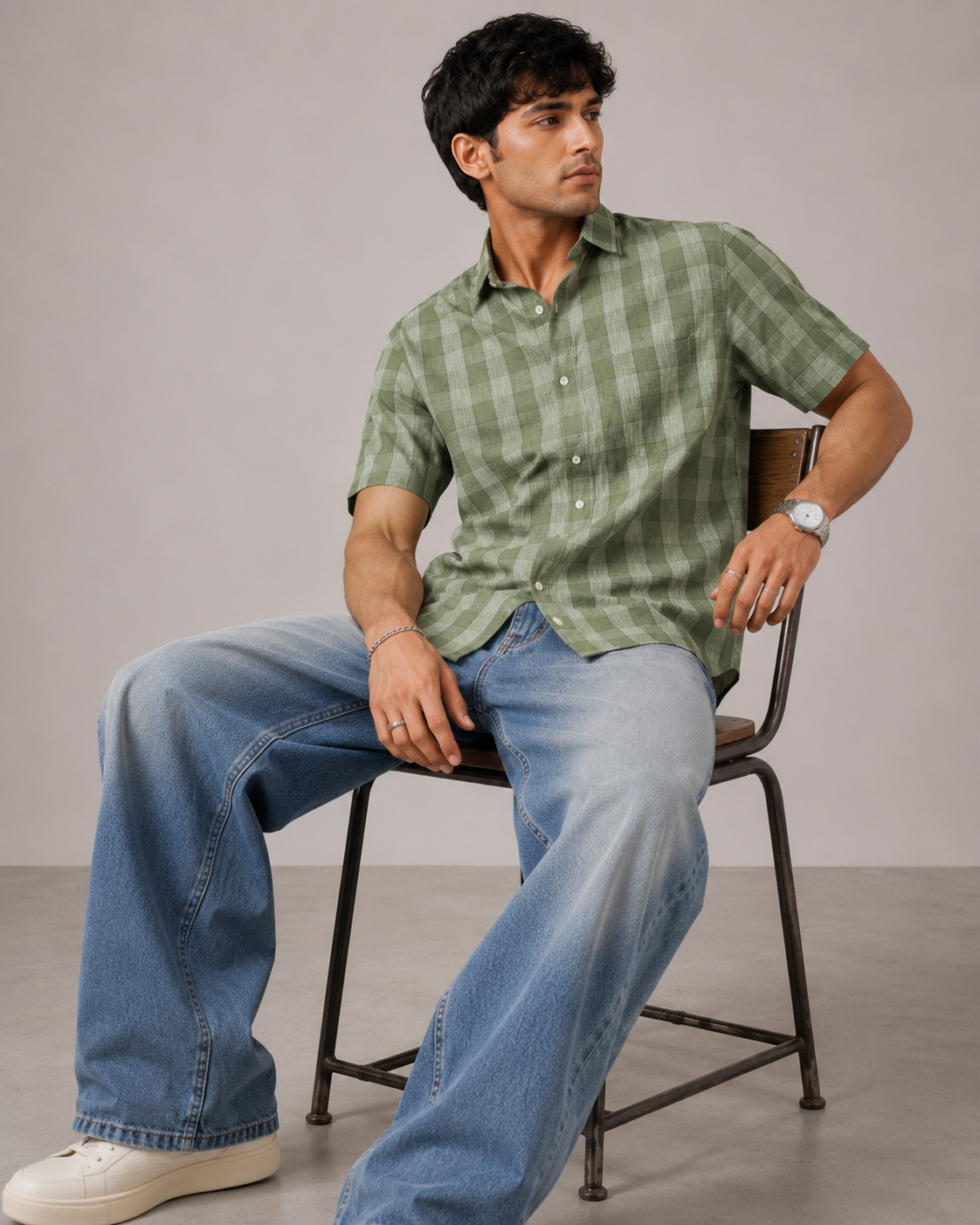 Olive Check Pure Linen Shirt