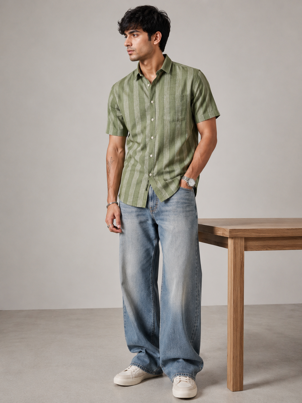 Olive Stripe Pure Linen Shirt