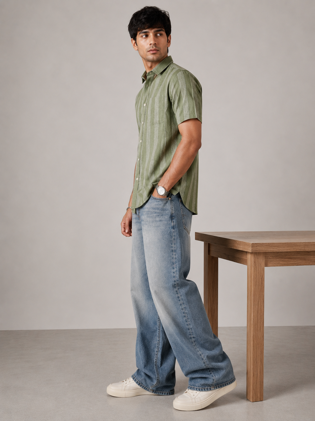 Olive Stripe Pure Linen Shirt
