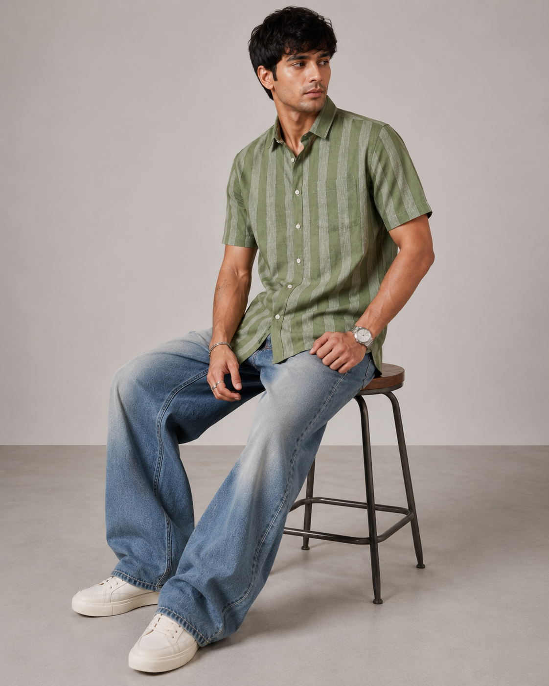 Olive Stripe Pure Linen Shirt
