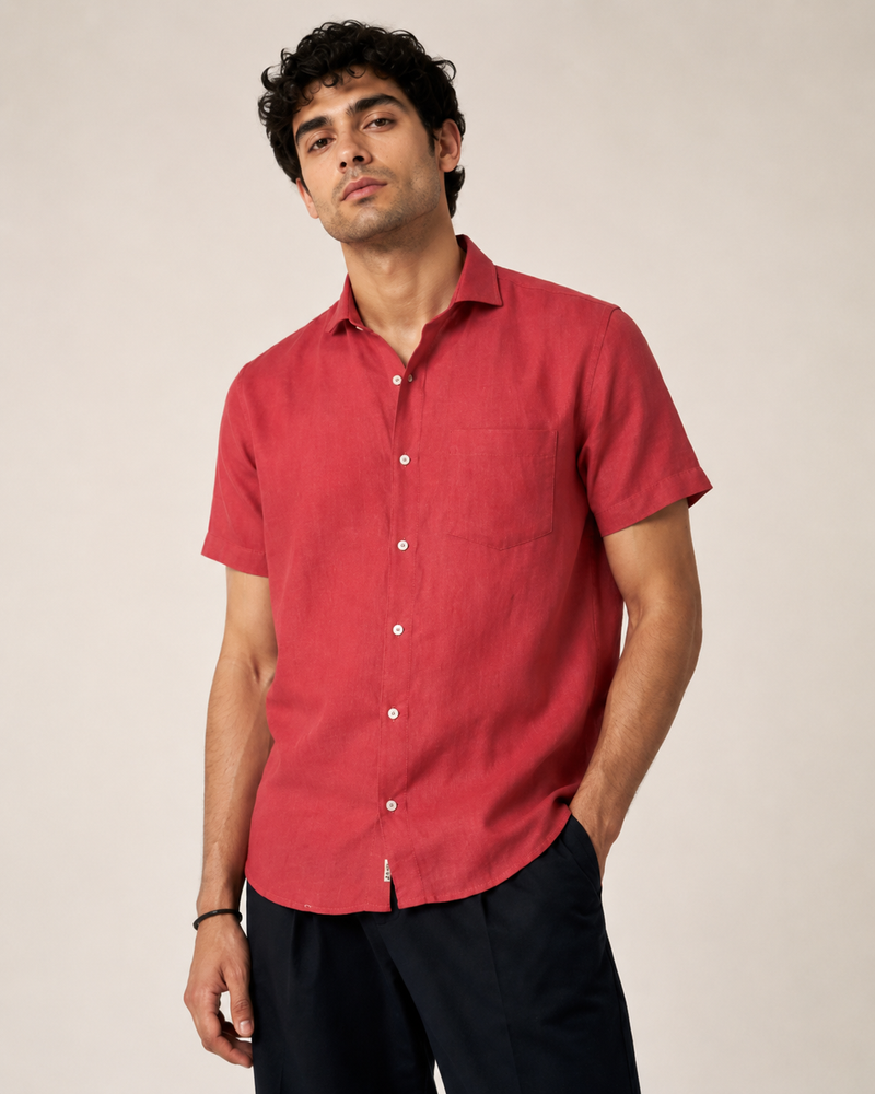 Pure Linen Shirt – Deep Crimson Red