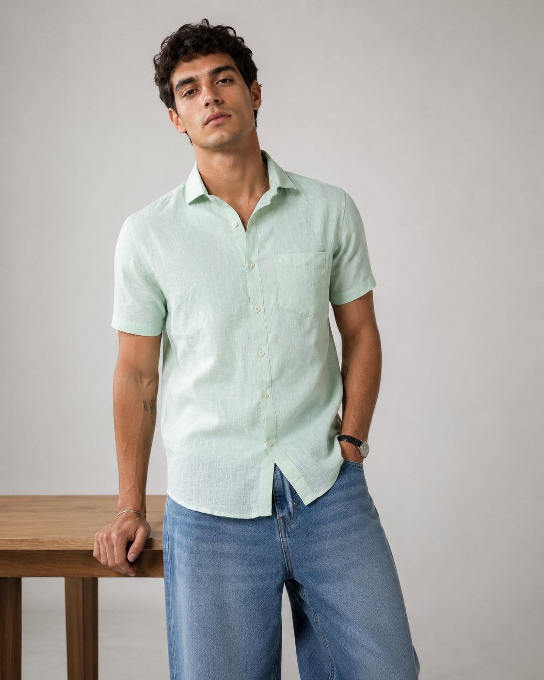 Pure Linen Shirt – Mint Ivory
