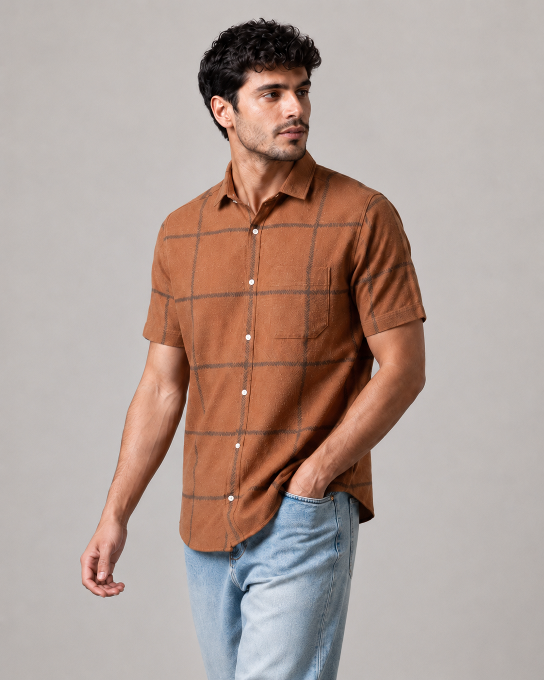 Rust Windowpane Khadi Cotton Shirt