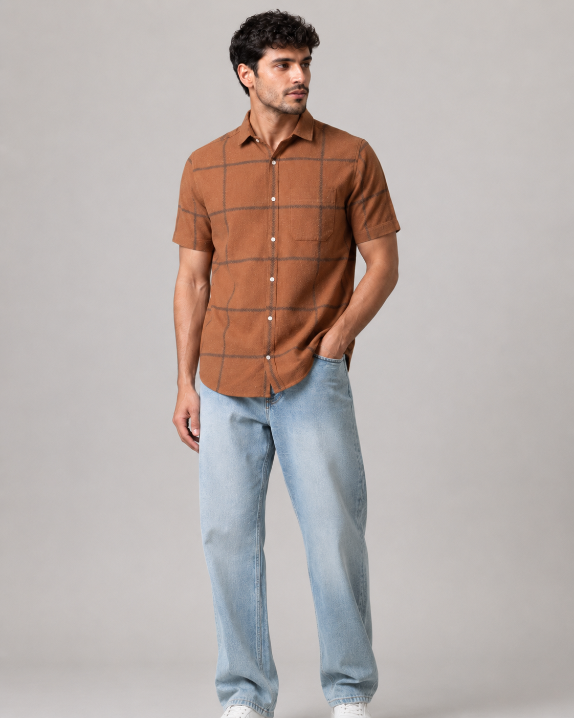 Rust Windowpane Khadi Cotton Shirt