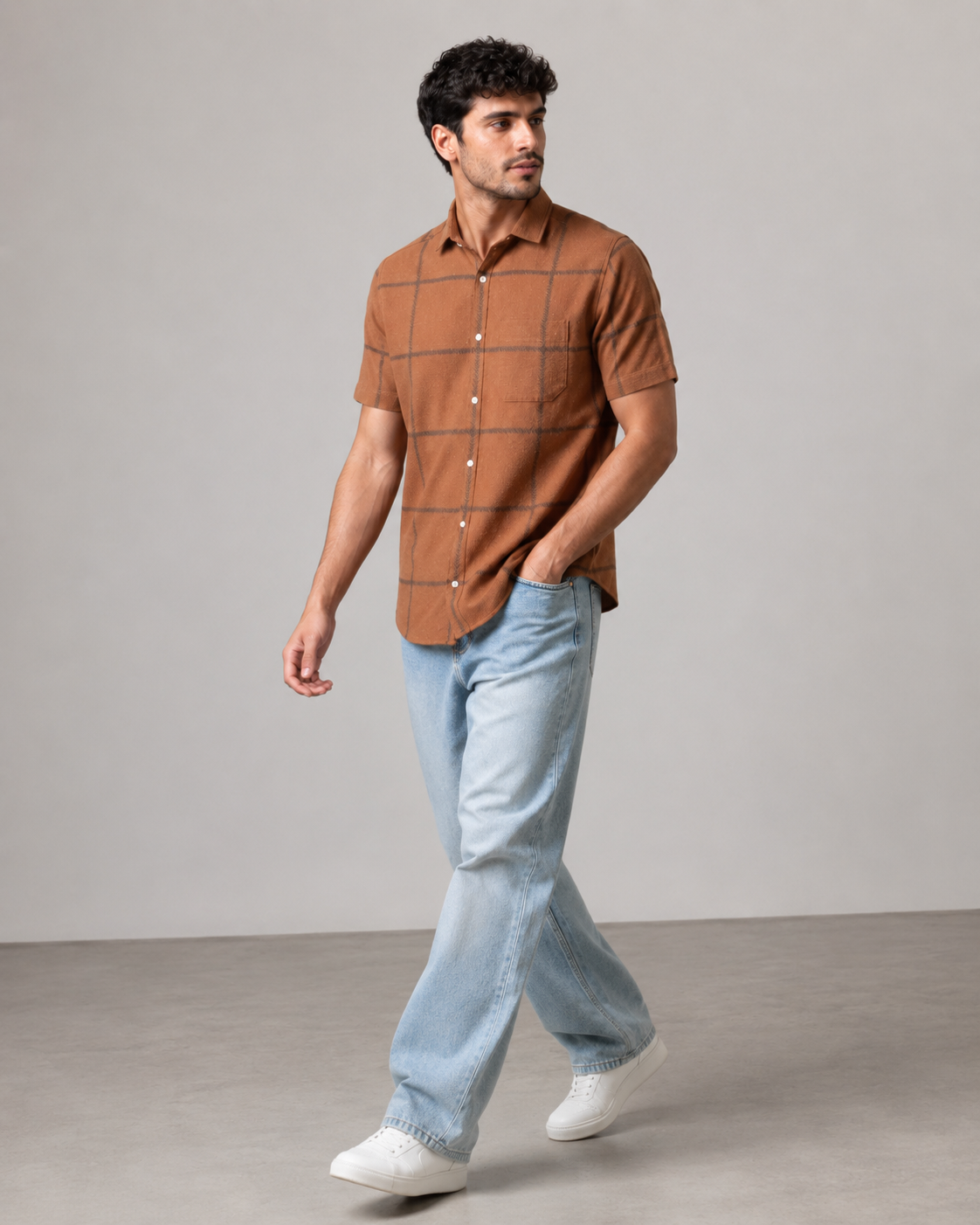 Rust Windowpane Khadi Cotton Shirt
