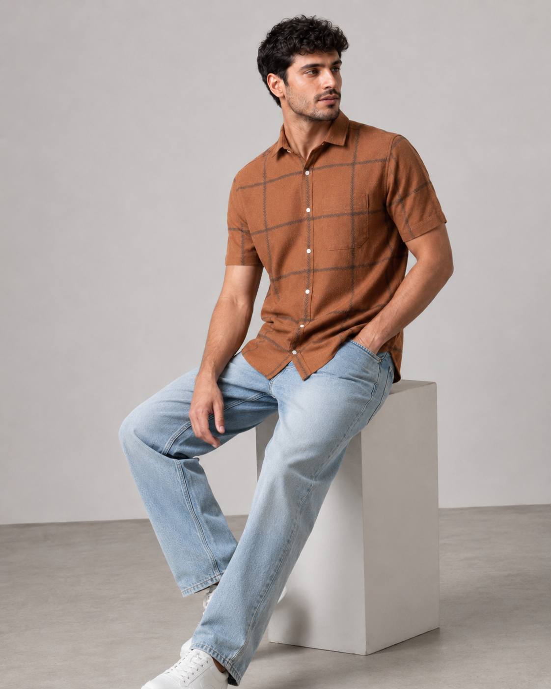 Rust Windowpane Khadi Cotton Shirt