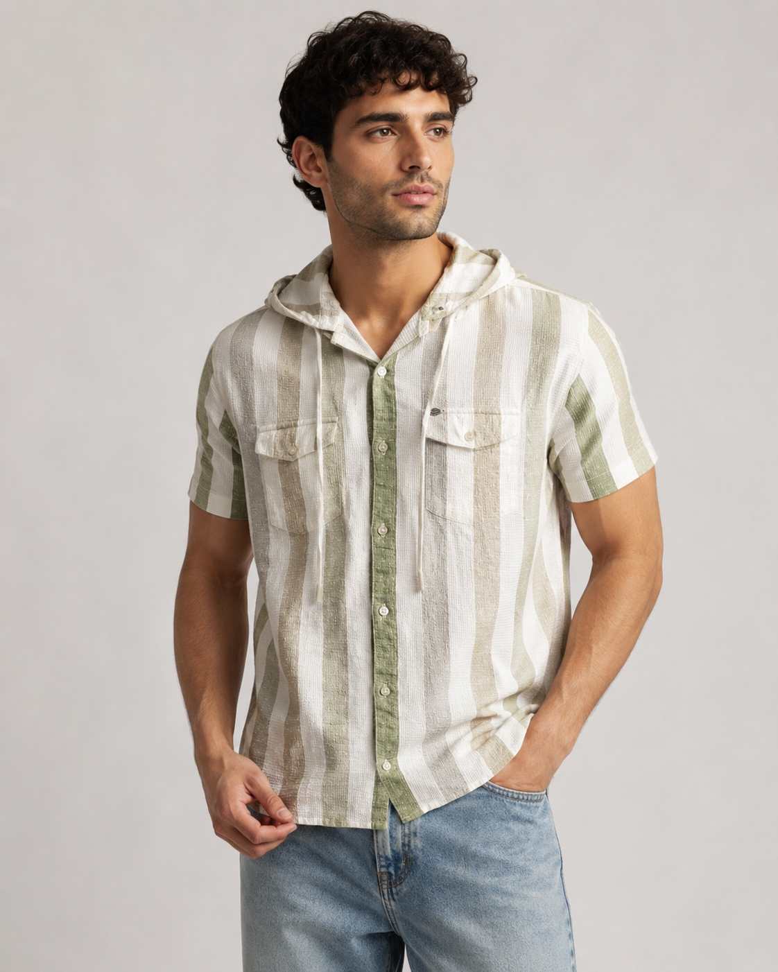 Sage Stripe Hooded Cotton Shirt