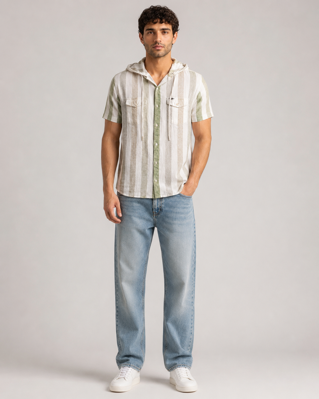 Sage Stripe Hooded Cotton Shirt