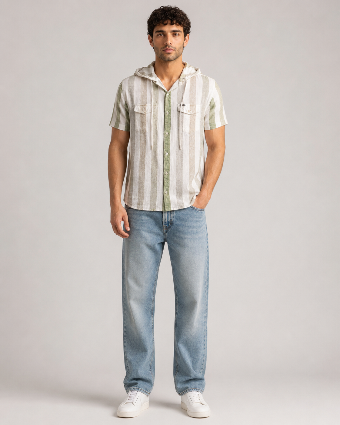Sage Stripe Hooded Cotton Shirt