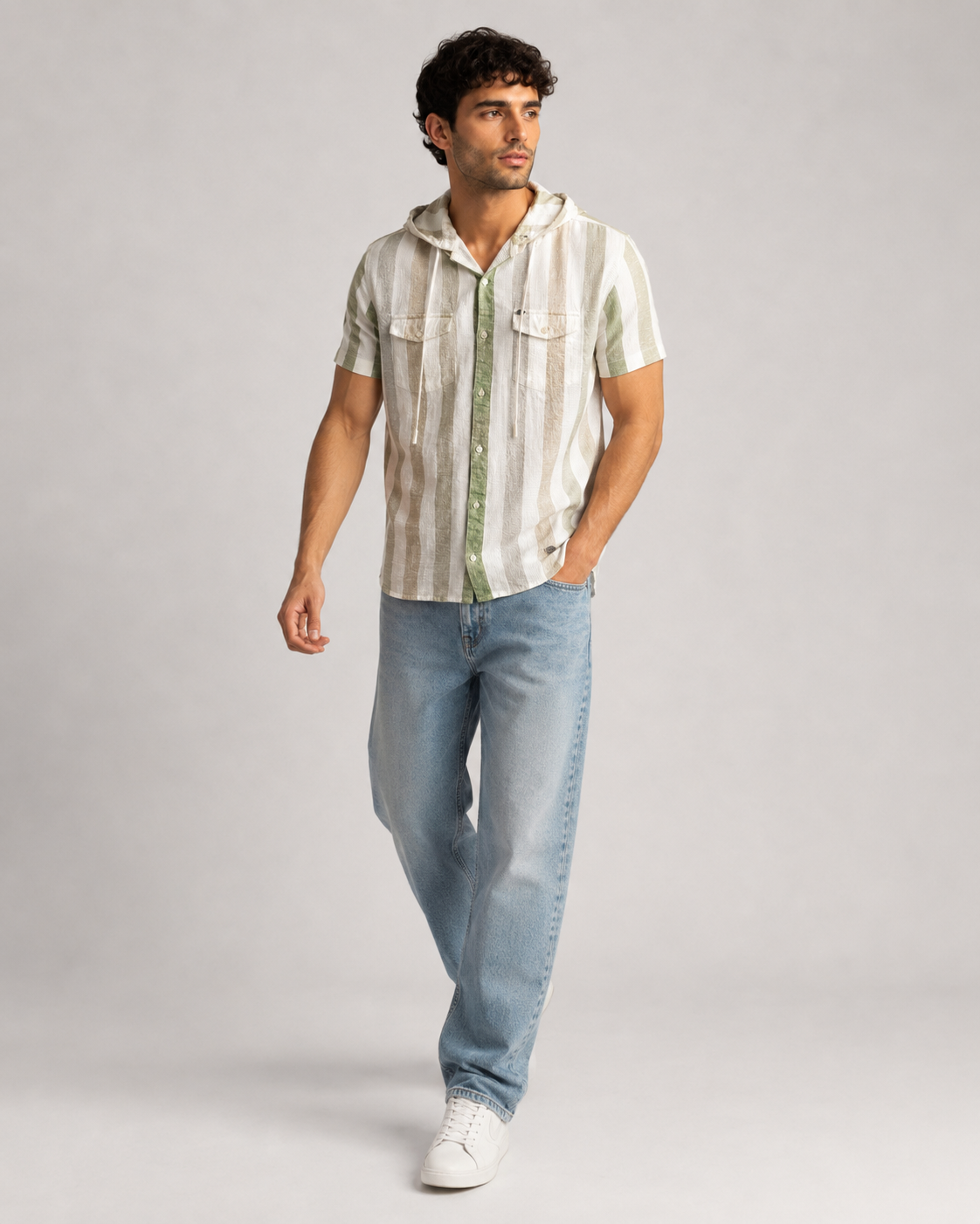 Sage Stripe Hooded Cotton Shirt