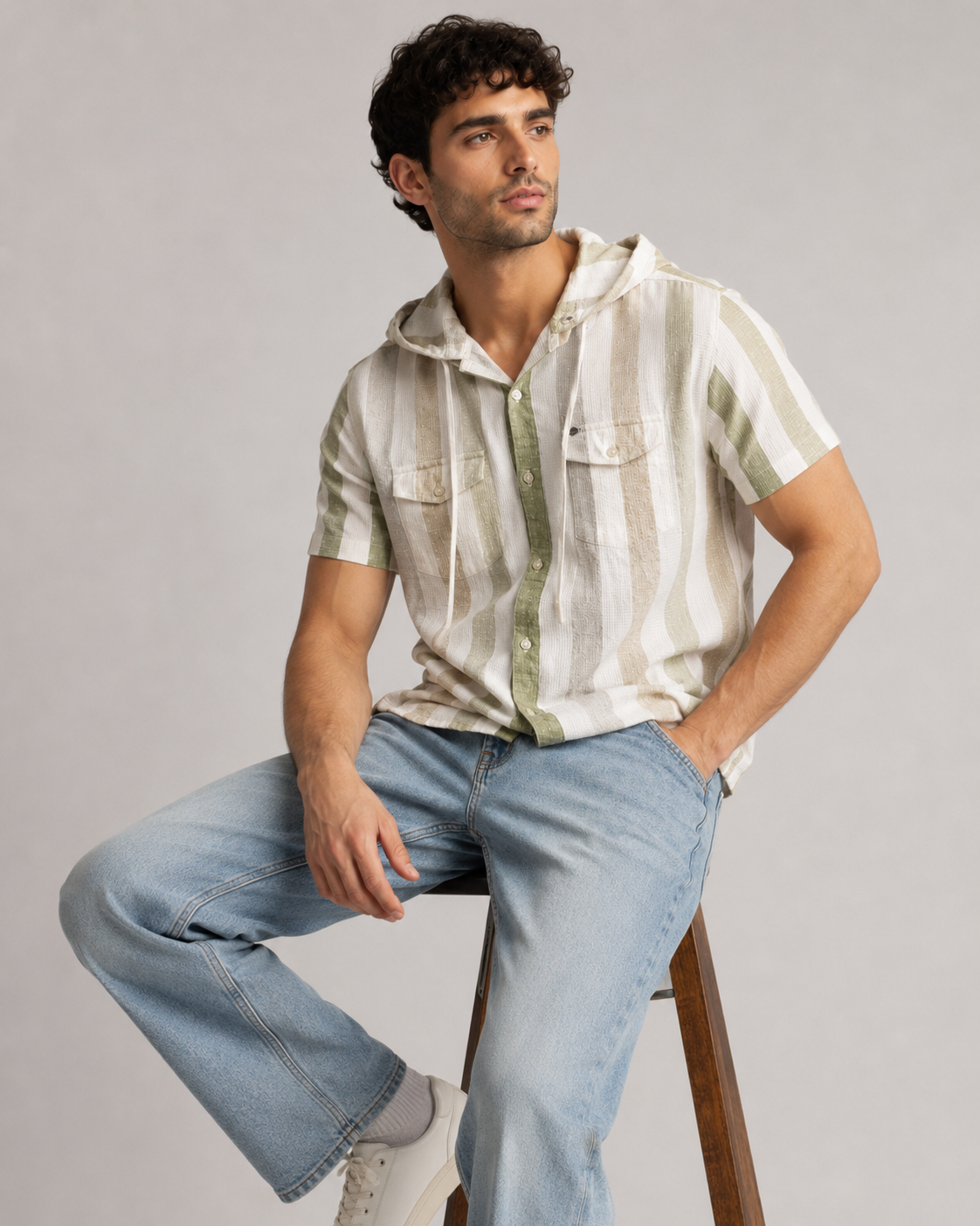 Sage Stripe Hooded Cotton Shirt