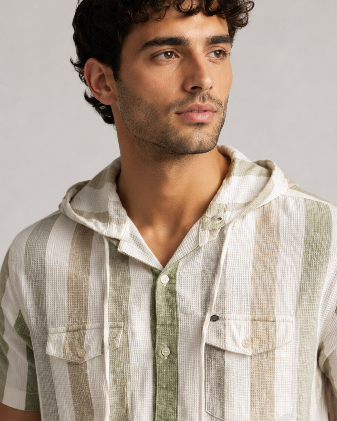Sage Stripe Hooded Cotton Shirt