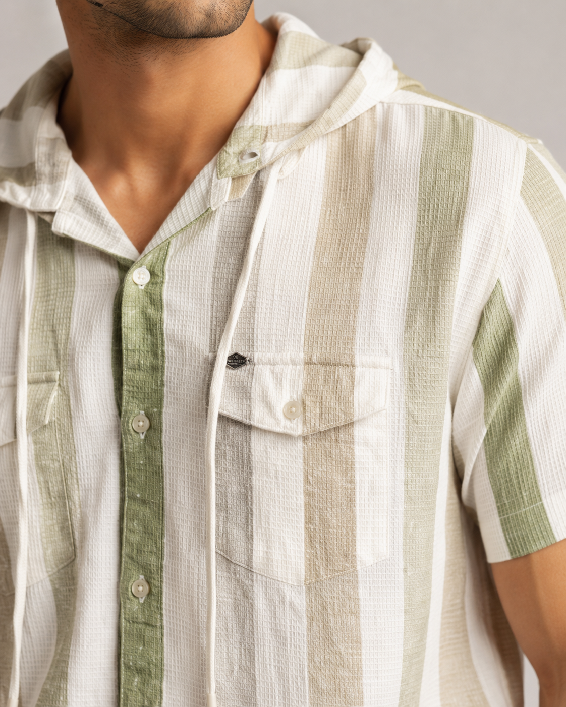 Sage Stripe Hooded Cotton Shirt