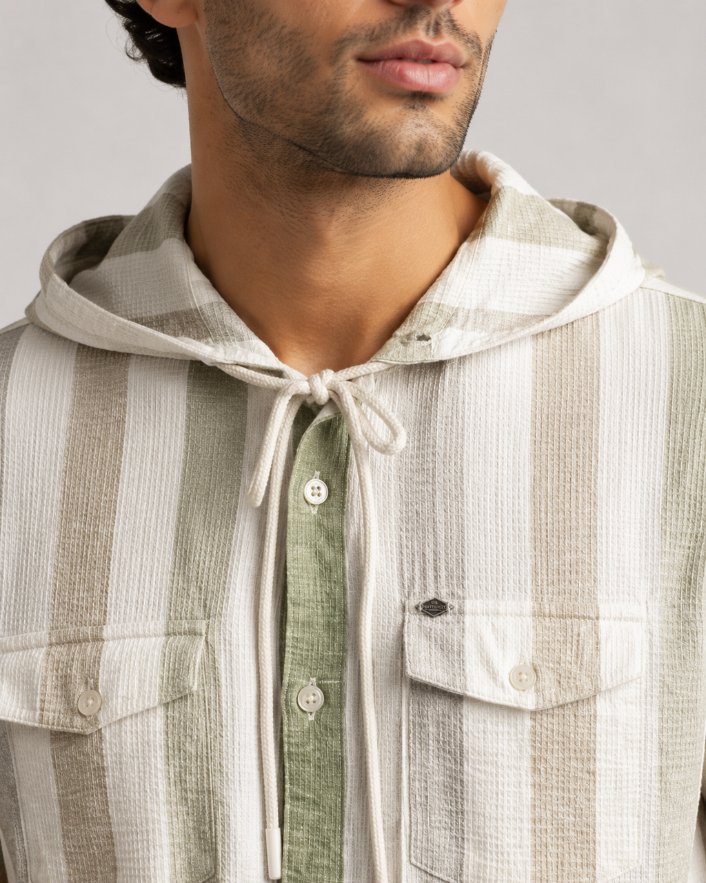 Sage Stripe Hooded Cotton Shirt