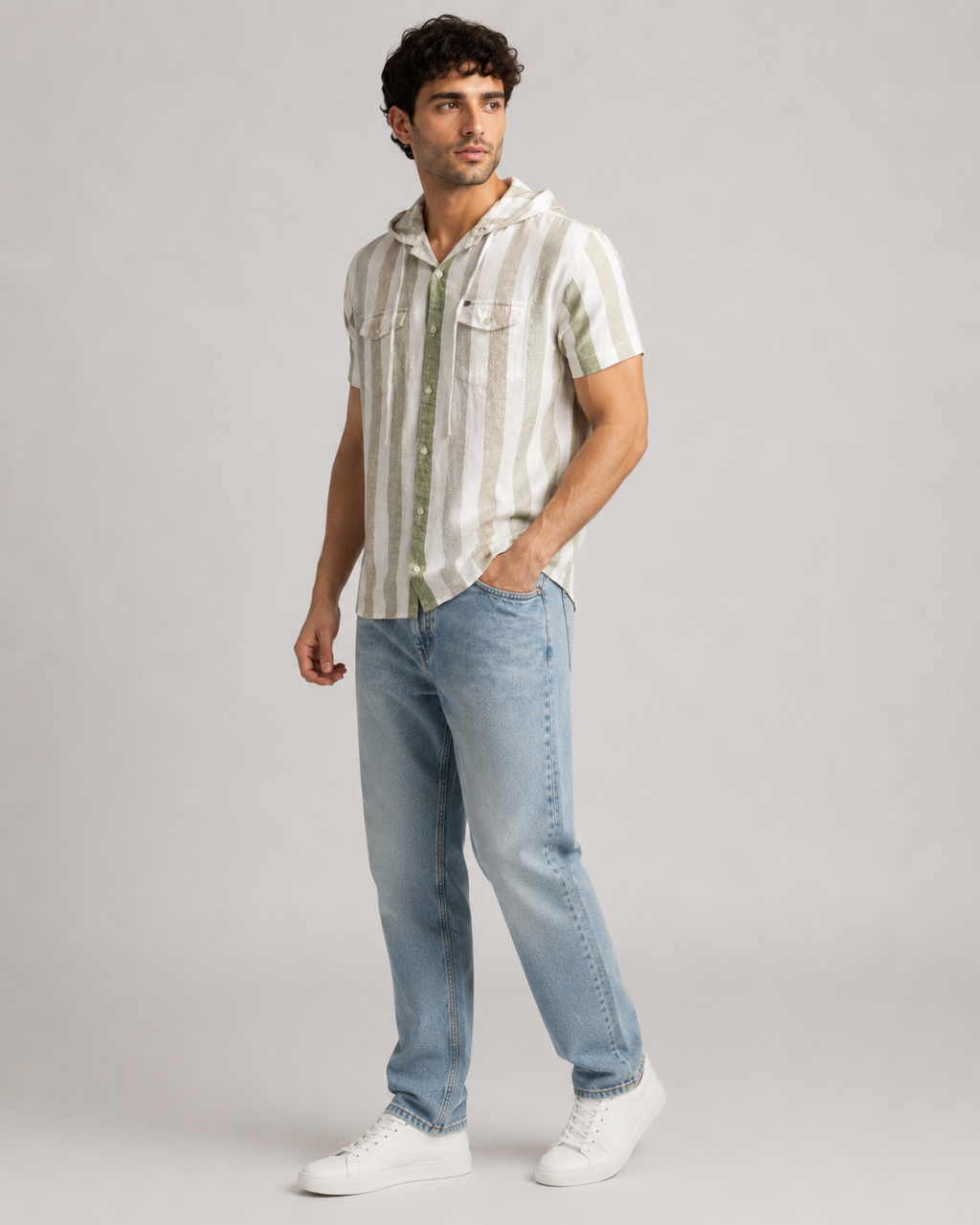Sage Stripe Hooded Cotton Shirt