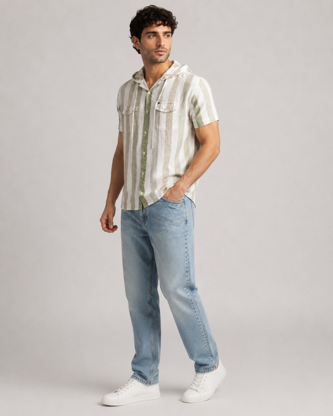 Sage Stripe Hooded Cotton Shirt