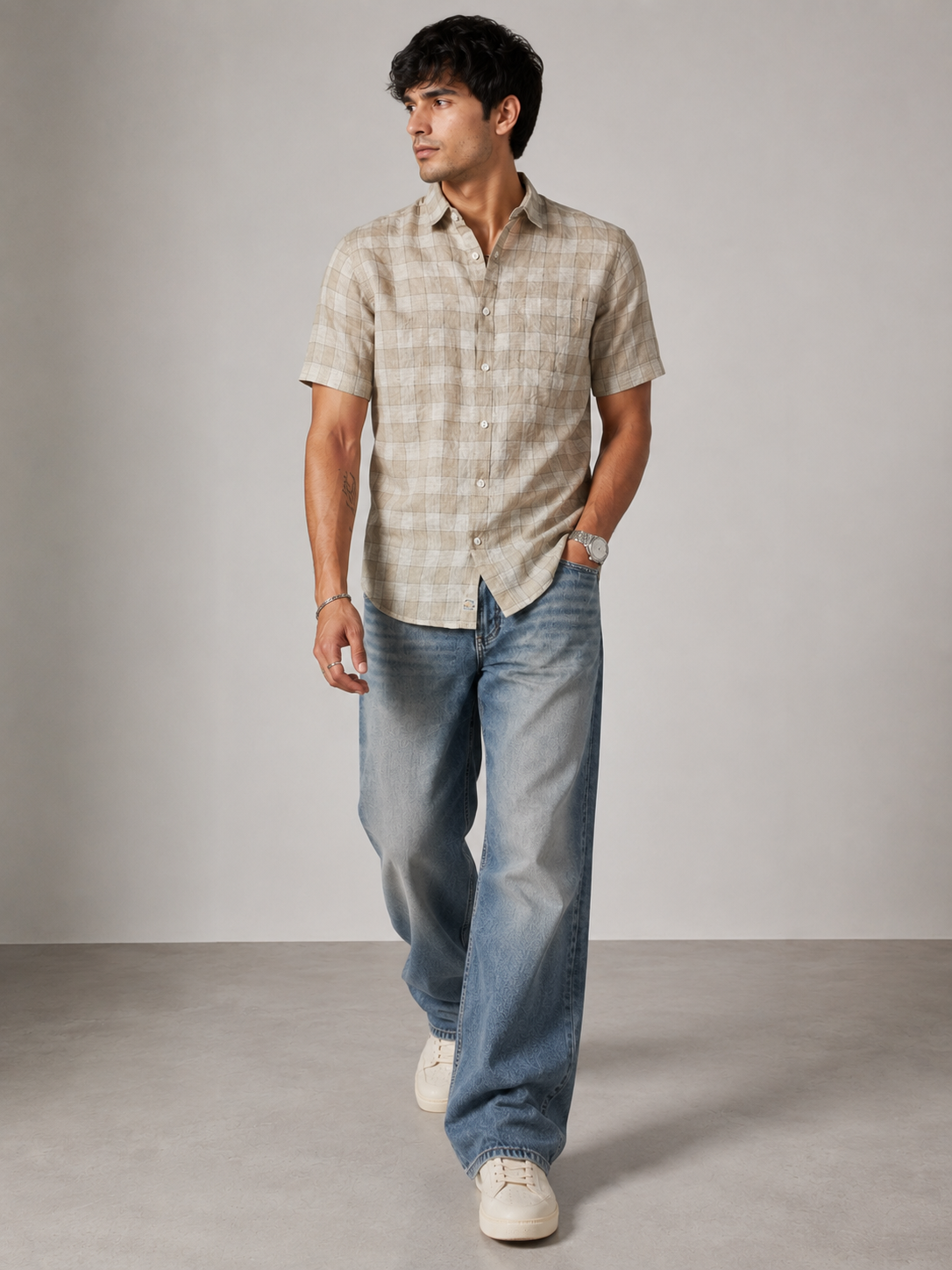 Sand Check Pure Linen Shirt
