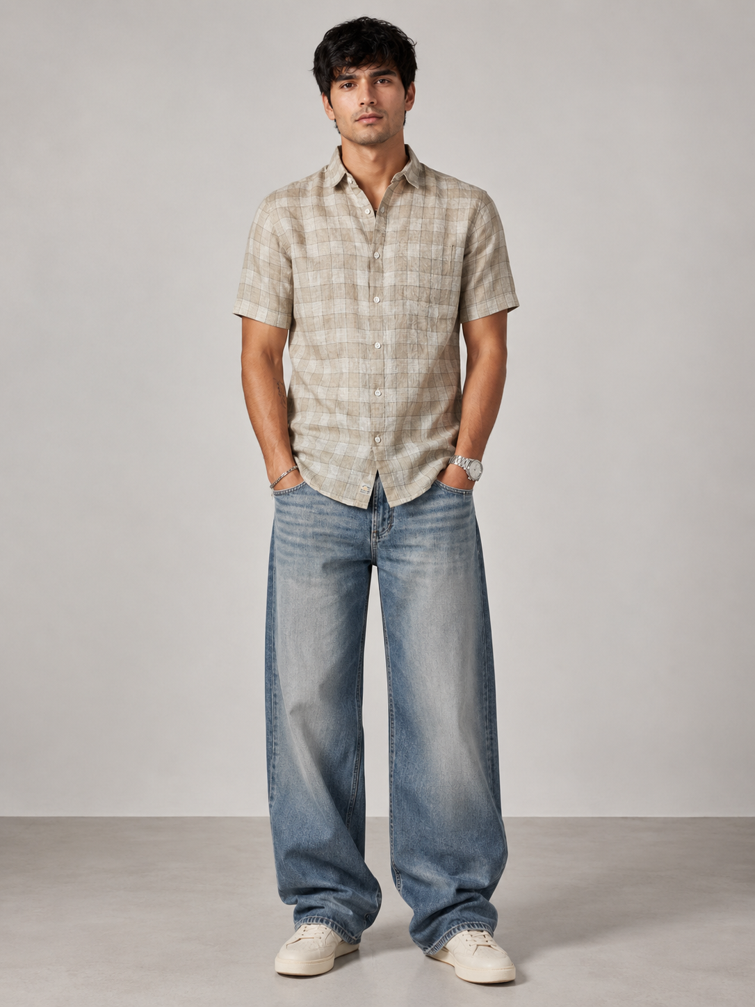 Sand Check Pure Linen Shirt