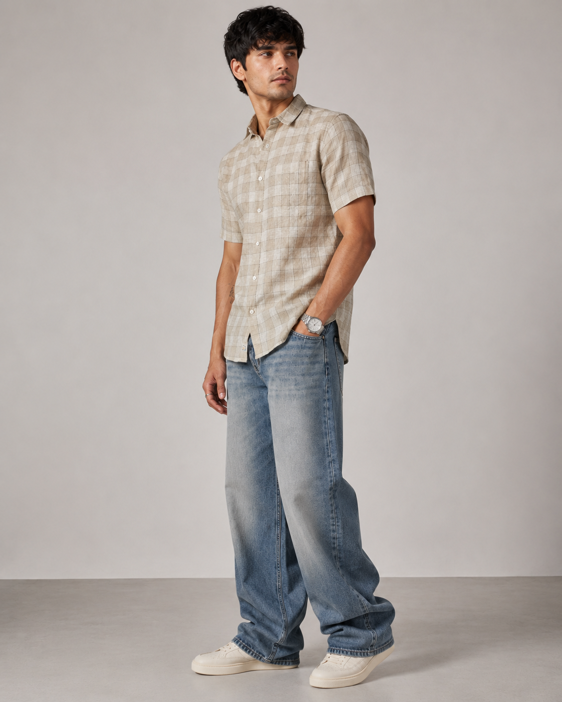 Sand Check Pure Linen Shirt